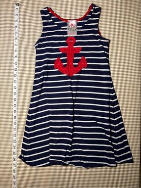 Jenna and Jessie Girls Navy & White Striped Dress with Red Anchor Size 8